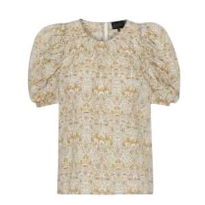 Birgitte Herskind White Mustard Floral Print Short Puff Sleeve Blouse Size US 2